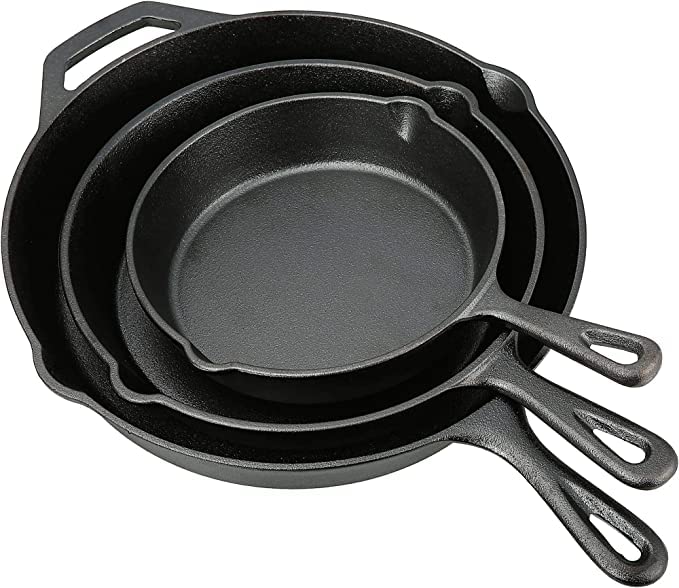 3 Piece Cast Iron Skillet Set, Pre-seasoned (8", 10.5", 12")