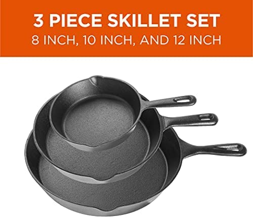 3 Piece Cast Iron Skillet Set, Pre-seasoned (8", 10.5", 12")