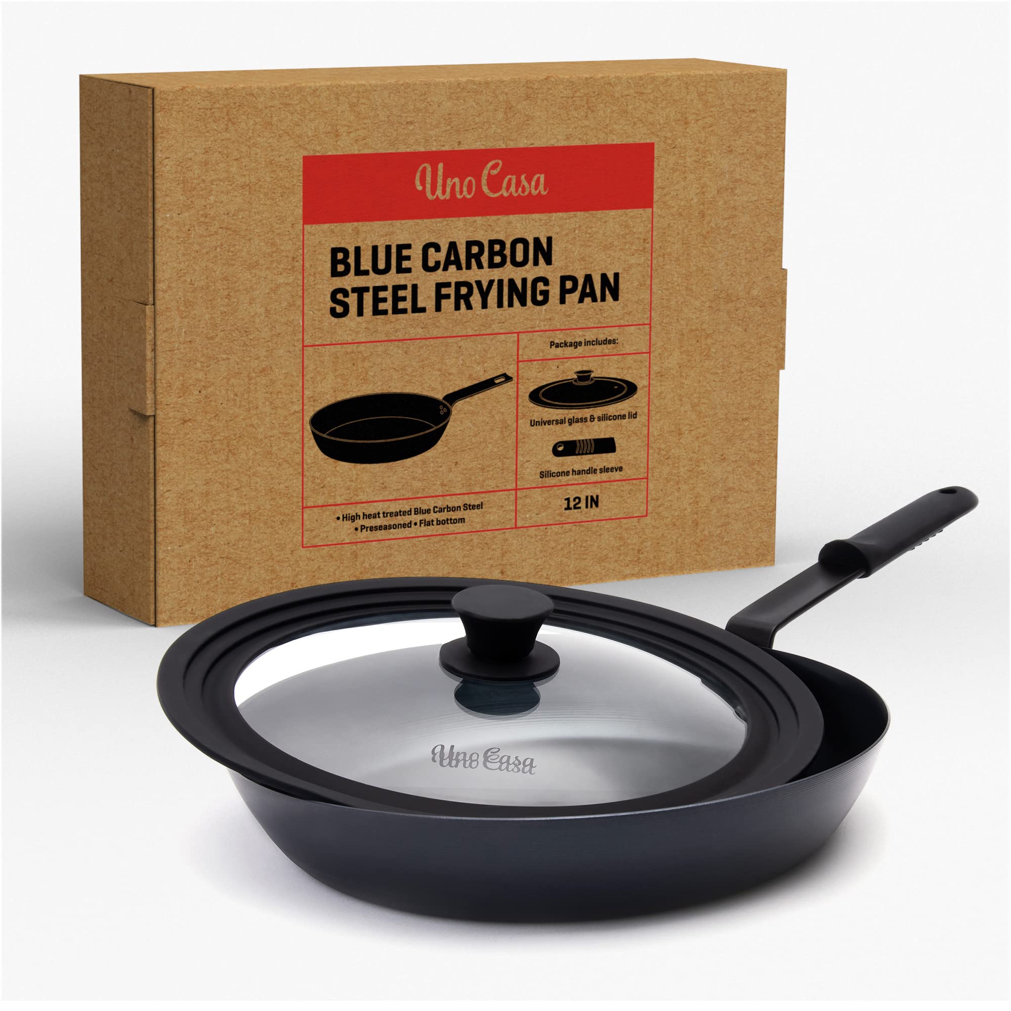 Uno Casa Carbon Steel 12 Inch - Non-Stick Blue Frying Pan with Universal Lid, Quick Heating Skillet - Chef Pan with Removable Silicone Handle