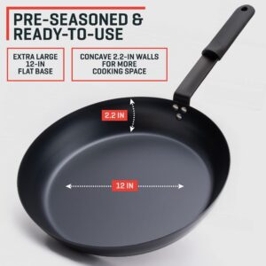 Uno Casa Carbon Steel 12 Inch - Non-Stick Blue Frying Pan with Universal Lid, Quick Heating Skillet - Chef Pan with Removable Silicone Handle