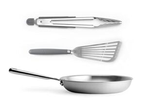 misen stainless steel cookware bundle - includes 12" stainless frying pan, fish spatula, stainless tongs - metal, stainless steel, non-stick, left-handed - cookware accessories, kitchen gadgets