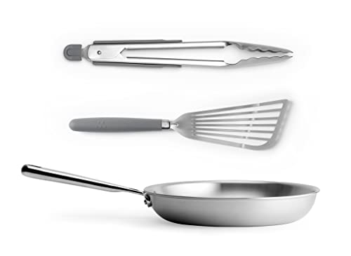 Misen Stainless Steel Cookware Bundle - Includes 12" Stainless Frying Pan, Fish Spatula, Stainless Tongs - Metal, Stainless Steel, Non-Stick, Left-Handed - Cookware Accessories, Kitchen Gadgets