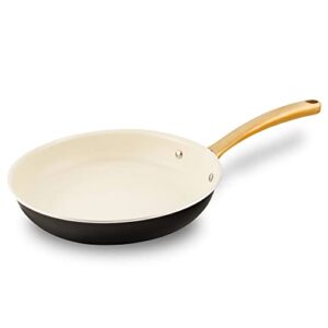 nutrichef 10" medium fry pan - medium skillet nonstick frying pan with golden titanium coated silicone handle, ceramic coating, stain-resistant and easy to clean, professional home cookware
