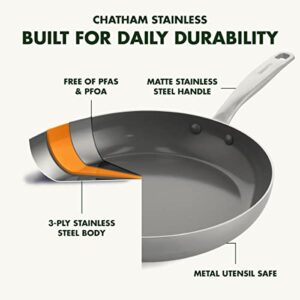 GreenPan Chatham Tri-Ply Stainless Steel Healthy Ceramic Nonstick 12" Frying Pan Skillet, PFAS-Free, Induction Suitable, Dishwasher Safe, Silver