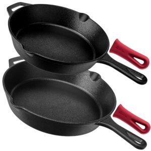 cuisinel pre-seasoned cast iron skillet 2-piece set (10-inch and 12-inch) oven safe cookware - 2 heat-resistant holders - indoor and outdoor use - grill, stovetop, induction safe