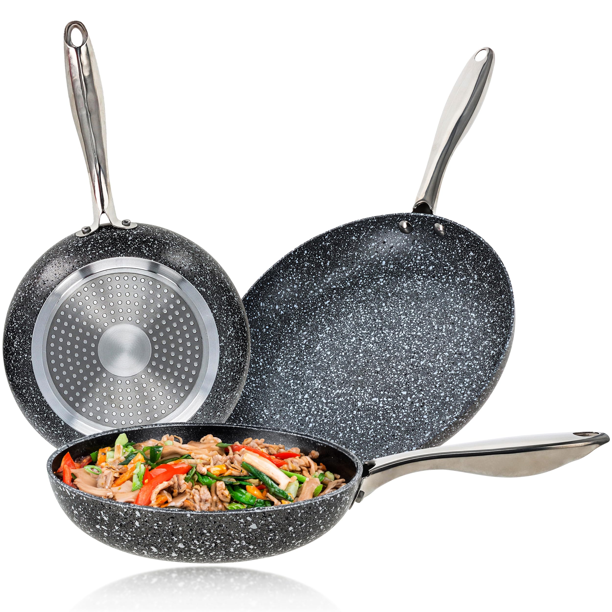 Potted Pans Nonstick Frying Pan Set - 3 Piece Induction Bottom Breakfast Skillets Classic Granite - 8 Inches, 9.5 Inches, 11 Inches