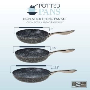 Potted Pans Nonstick Frying Pan Set - 3 Piece Induction Bottom Breakfast Skillets Classic Granite - 8 Inches, 9.5 Inches, 11 Inches