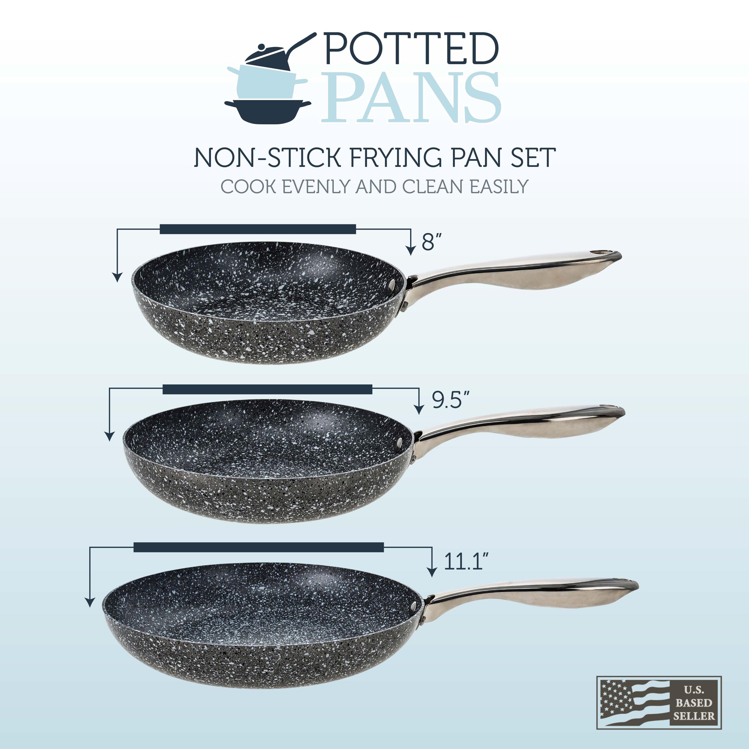 Potted Pans Nonstick Frying Pan Set - 3 Piece Induction Bottom Breakfast Skillets Classic Granite - 8 Inches, 9.5 Inches, 11 Inches