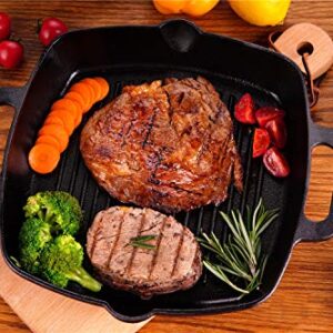 PR PeakRous Cast Iron Grill Pan Skillet Square for Stove Top and Oven with Two Silicone Handles 10 inch