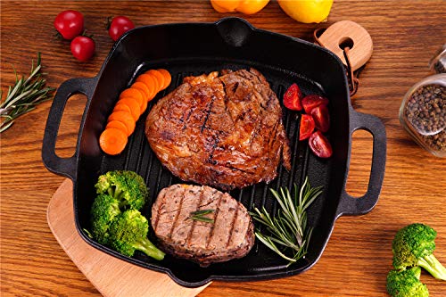 PR PeakRous Cast Iron Grill Pan Skillet Square for Stove Top and Oven with Two Silicone Handles 10 inch