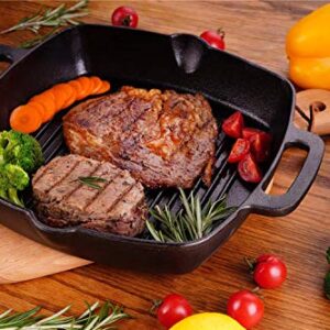 PR PeakRous Cast Iron Grill Pan Skillet Square for Stove Top and Oven with Two Silicone Handles 10 inch