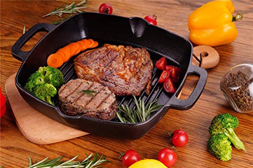 PR PeakRous Cast Iron Grill Pan Skillet Square for Stove Top and Oven with Two Silicone Handles 10 inch