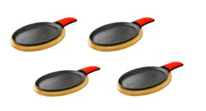 brooks ag parts four pre-seasoned cast iron fajita pan sets,includes wooden serving bases,padded handle sleeve and cast iron skillet