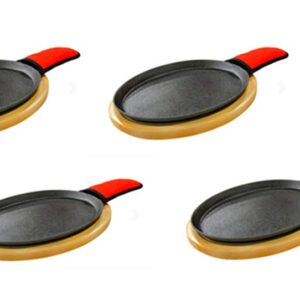 Brooks AG Parts Four Pre-seasoned Cast Iron Fajita Pan Sets,Includes Wooden Serving Bases,Padded Handle Sleeve and Cast Iron Skillet