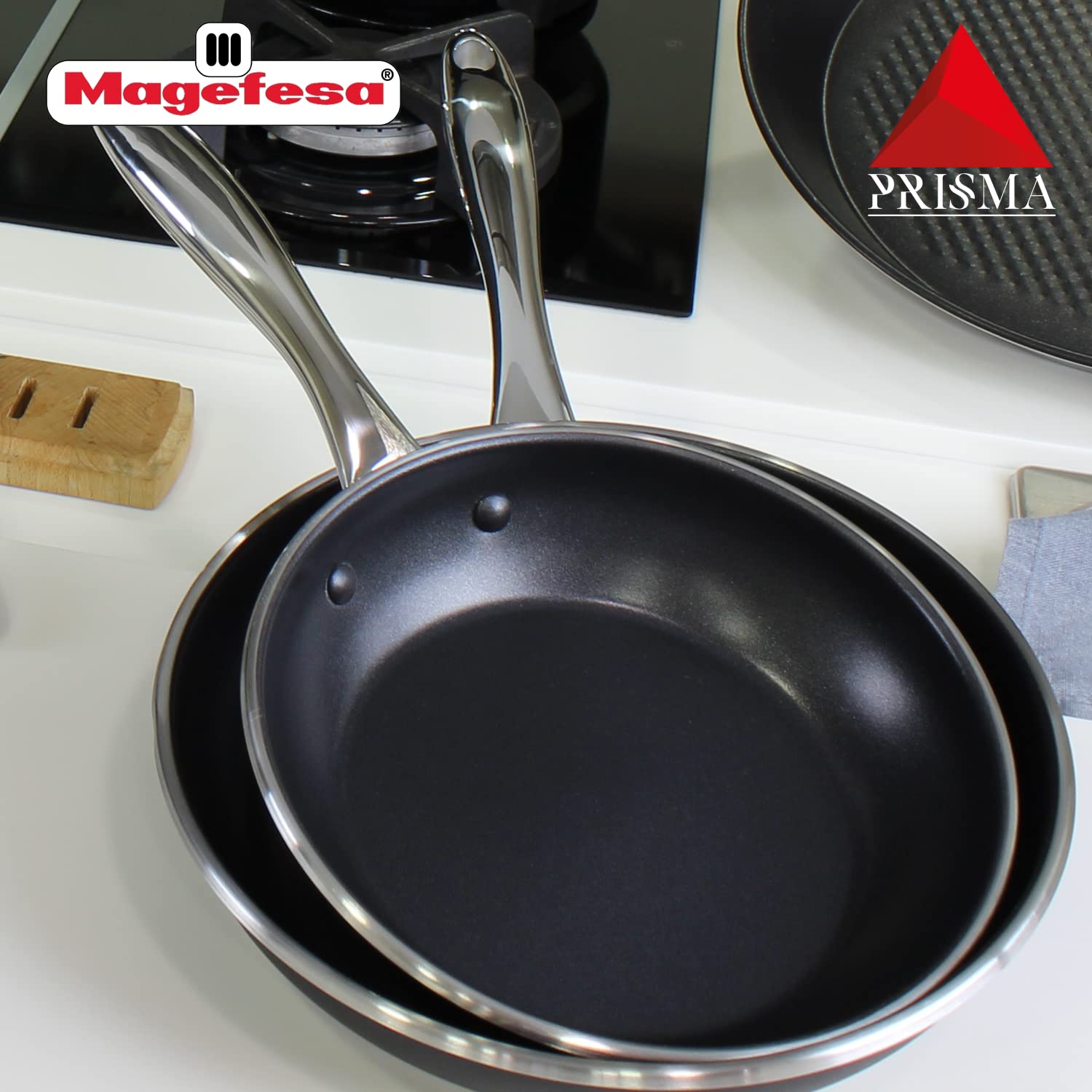 MAGEFESA Prisma – 9.4 inches Skillet, frying pan, made in 18/10 stainless steel, triple layer non-stick, for all types of kitchens, INDUCTION, dishwasher and oven safe up to 392ºF