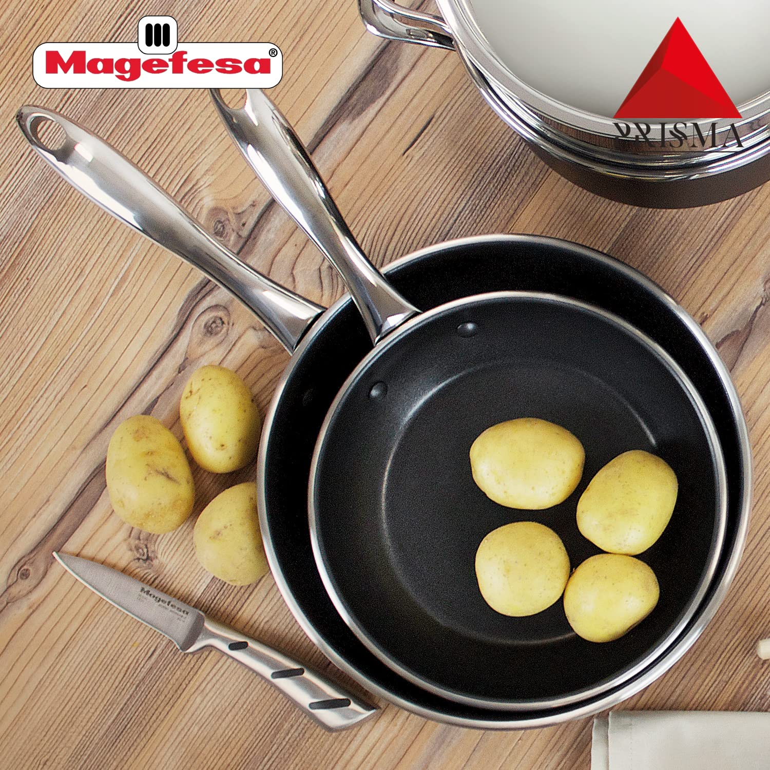 MAGEFESA Prisma – 9.4 inches Skillet, frying pan, made in 18/10 stainless steel, triple layer non-stick, for all types of kitchens, INDUCTION, dishwasher and oven safe up to 392ºF