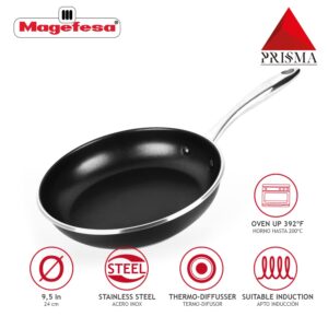 MAGEFESA Prisma – 9.4 inches Skillet, frying pan, made in 18/10 stainless steel, triple layer non-stick, for all types of kitchens, INDUCTION, dishwasher and oven safe up to 392ºF