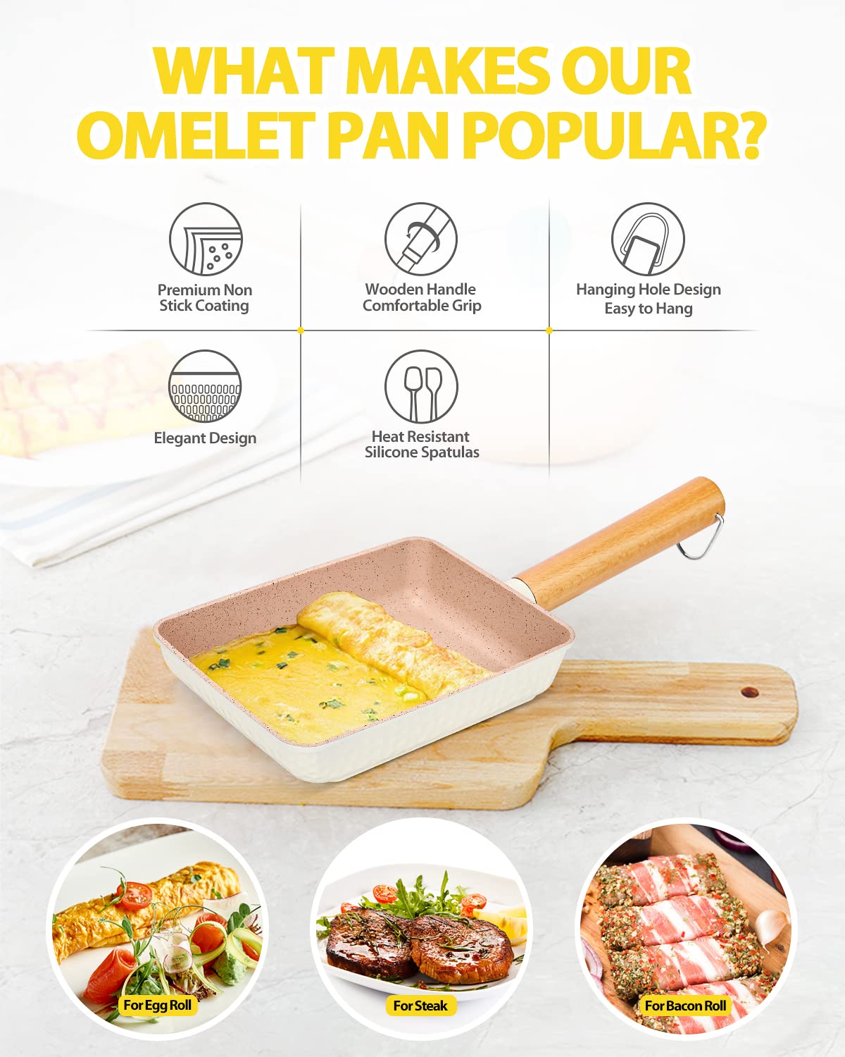 BUNDLEPRO Japanese Omelette Pan, Non Stick Tamagoyaki Eggs Frying Pan, Square Granite Cookware set, 7.1''Small Induction Skillet with Silicone Spatulas for Breakfast
