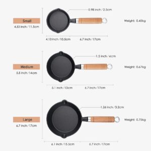 UPTALY 6.1 inch Mini Cast Iron Skillet, Omelet Pans, No Coating, Physical Non Stick Pan, Small Frying Pan with Wood Handle, Japanese Omelette Pan, Black Miniture Skillet for Baked Cookie/Brownie