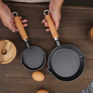 UPTALY 6.1 inch Mini Cast Iron Skillet, Omelet Pans, No Coating, Physical Non Stick Pan, Small Frying Pan with Wood Handle, Japanese Omelette Pan, Black Miniture Skillet for Baked Cookie/Brownie