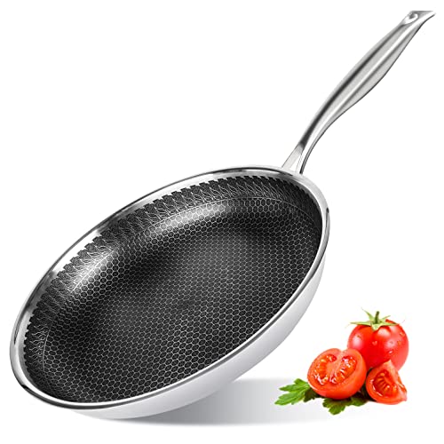 FCUS 11 Inch Stainless Steel Frying Pan Fishtail Handle - PFOA Free, Dishwasher and Oven Safe, Chef's pan, skillets Works with Induction Cooktop, Gas, Ceramic, and Electric Stove