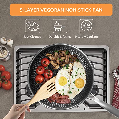 Vegoran 11 inch Nonstick Frying Pan with Lid, 304 Stainless Steel Honeycomb Skillet with Handle, Oven Safe, Scratch Resistant, Easy Clean