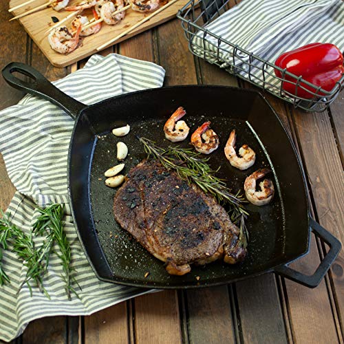 Bayou Classic 7433 12-in Square Cast Iron Skillet Features Helper Handle Perfect For Breakfast Pan Frying Sautéing and Baking