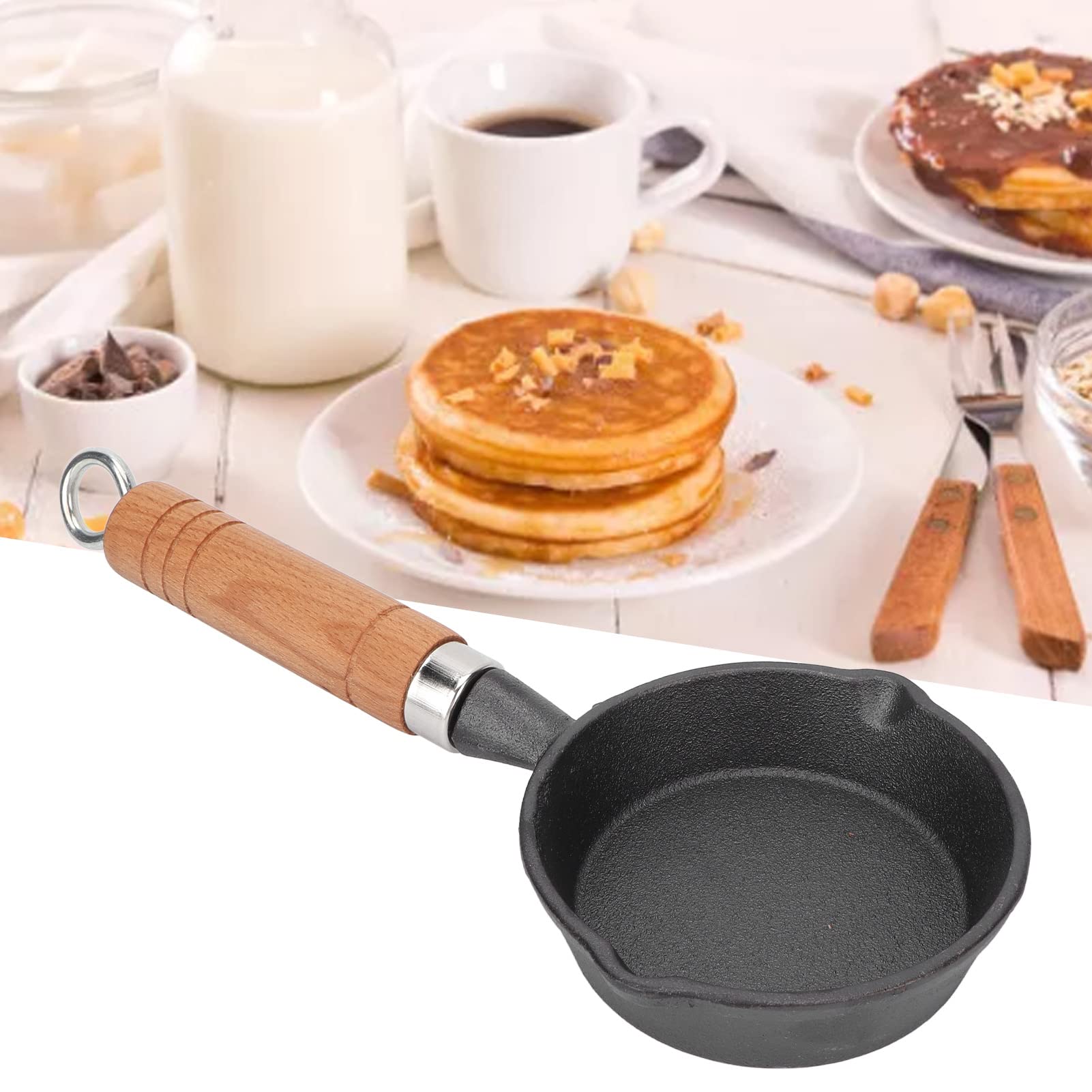 Fdit Frying Pan, 10CM Casting Iron Pan with Wood Handle Egg Frying Pan Skillet Mini Flat Bottomed Pancake Pan Cookware Kitchen Utensils