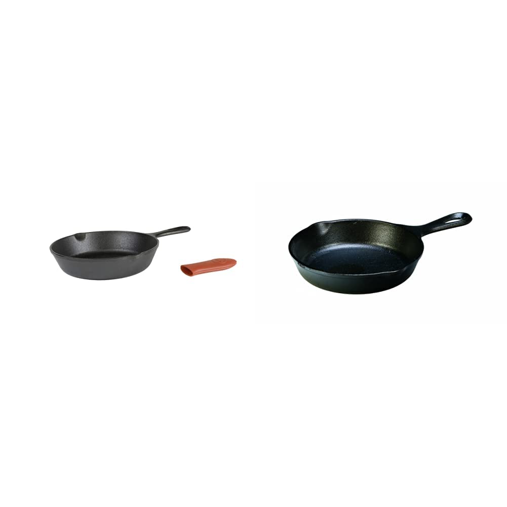 Lodge Cast Iron Skillet with Red Mini Silicone Hot Handle Holder, 8-inch & Pre-Seasoned 6-1/2-Inch Skillet