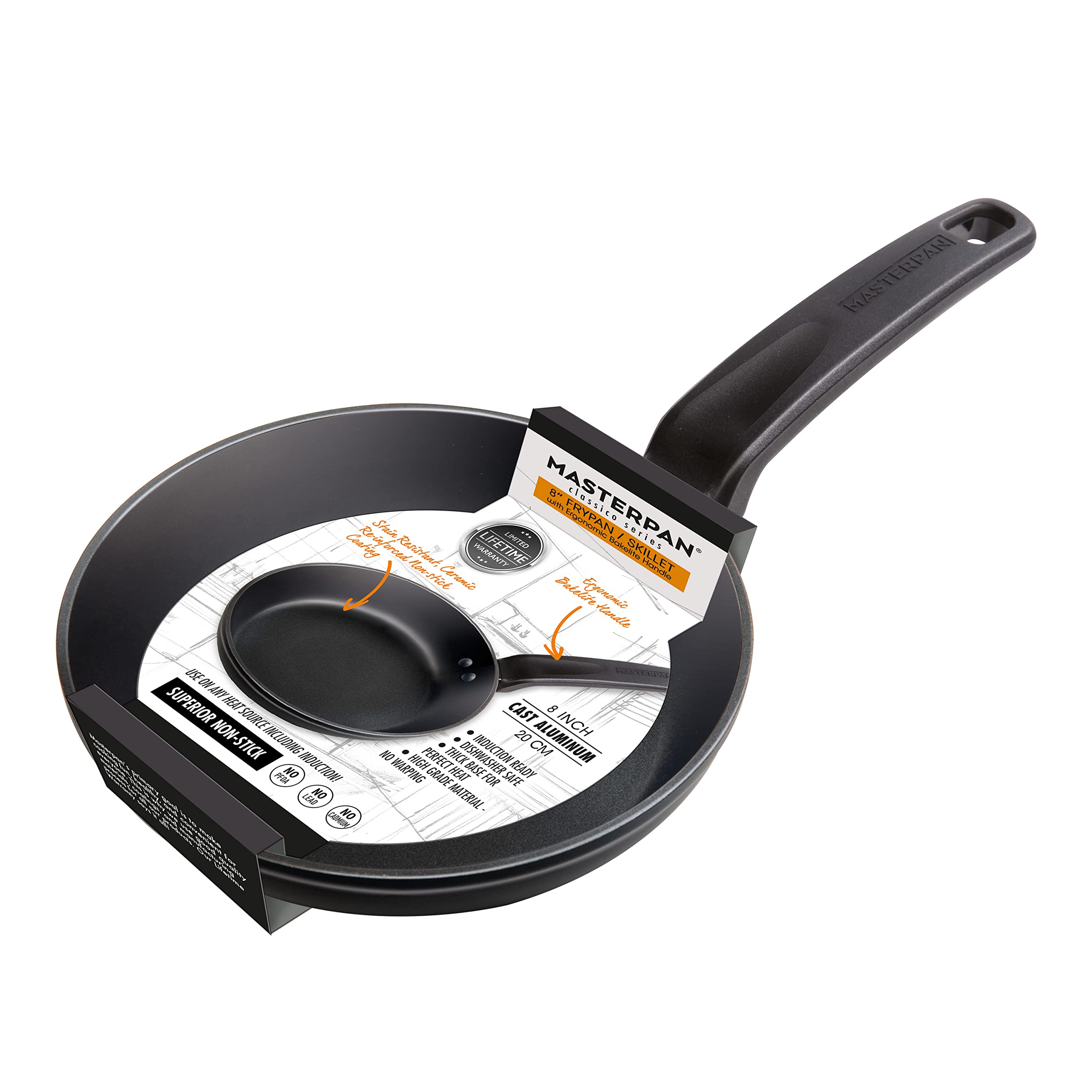 MASTERPAN Non-Stick ILAG Ultimate Everyday Frying Pan with Bakelite handle, 8", black