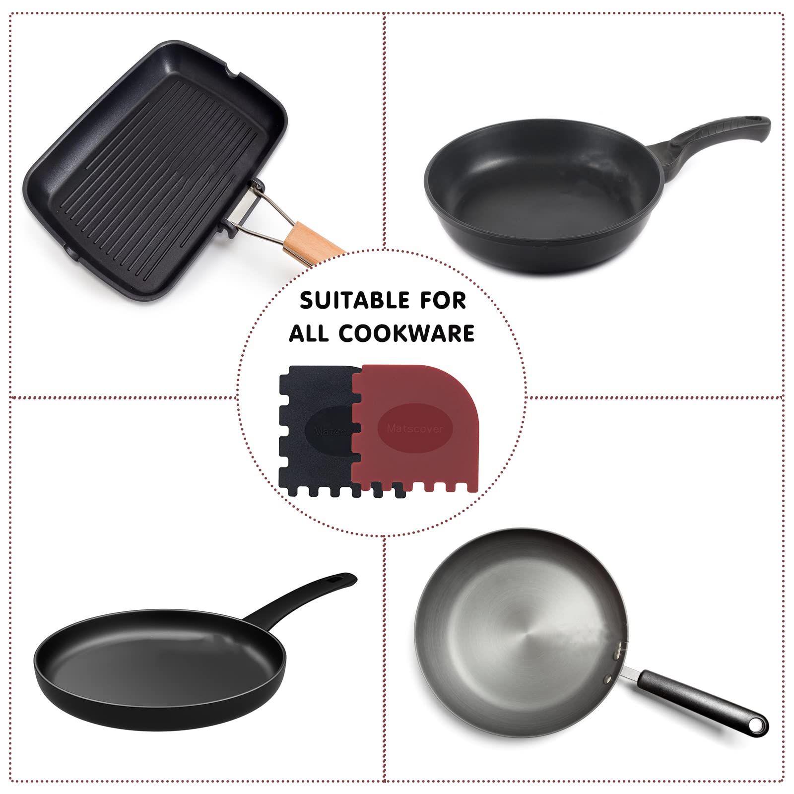 Matscover Grill Pan Scrapers, Cast Iron Scraper with Built-In Adsorption Gadget, Pot Scraper Non Scratch for Cast Iron Skillet, Frying Pans and Griddles Cleaning, Red and Black, 4 Pack