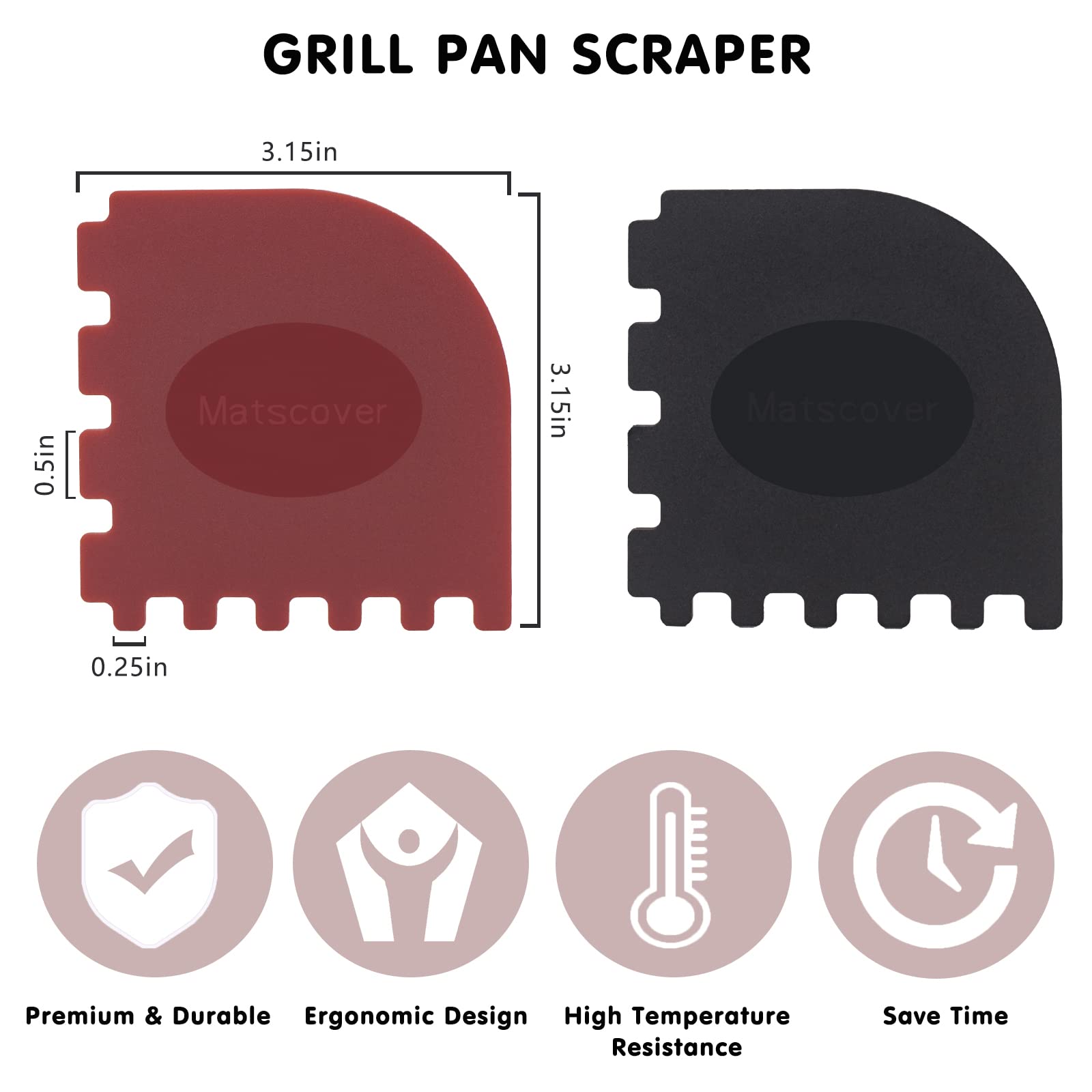 Matscover Grill Pan Scrapers, Cast Iron Scraper with Built-In Adsorption Gadget, Pot Scraper Non Scratch for Cast Iron Skillet, Frying Pans and Griddles Cleaning, Red and Black, 4 Pack