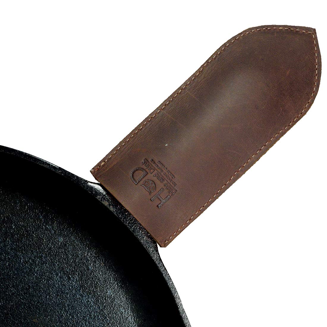 Hide & Drink, Rustic Thick Leather Cast Iron Hot Handle Cover (Large), Skillet Panhandle Grips, Frying Pan, Heat Protection, Kitchen Essentials Handmade Includes 101 Year Warranty :: Bourbon Brown