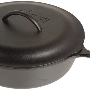 Lodge L10CF3 Cast Iron Covered Deep Skillet, Pre-Seasoned, 5-Quart & 10FB2 Deep Fry Basket, 10.25-inch