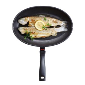 alva energy non stick fish pan 13.4" skillet, oval shaped non stick frying pan with pour spouts, cast aluminium nonstick fry pan for stove top, induction compatible cookware