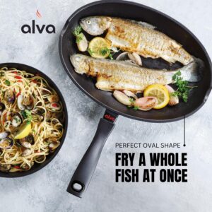 ALVA Energy Non Stick Fish Pan 13.4" Skillet, Oval Shaped Non Stick Frying Pan with Pour Spouts, Cast Aluminium Nonstick Fry Pan for Stove Top, Induction Compatible Cookware