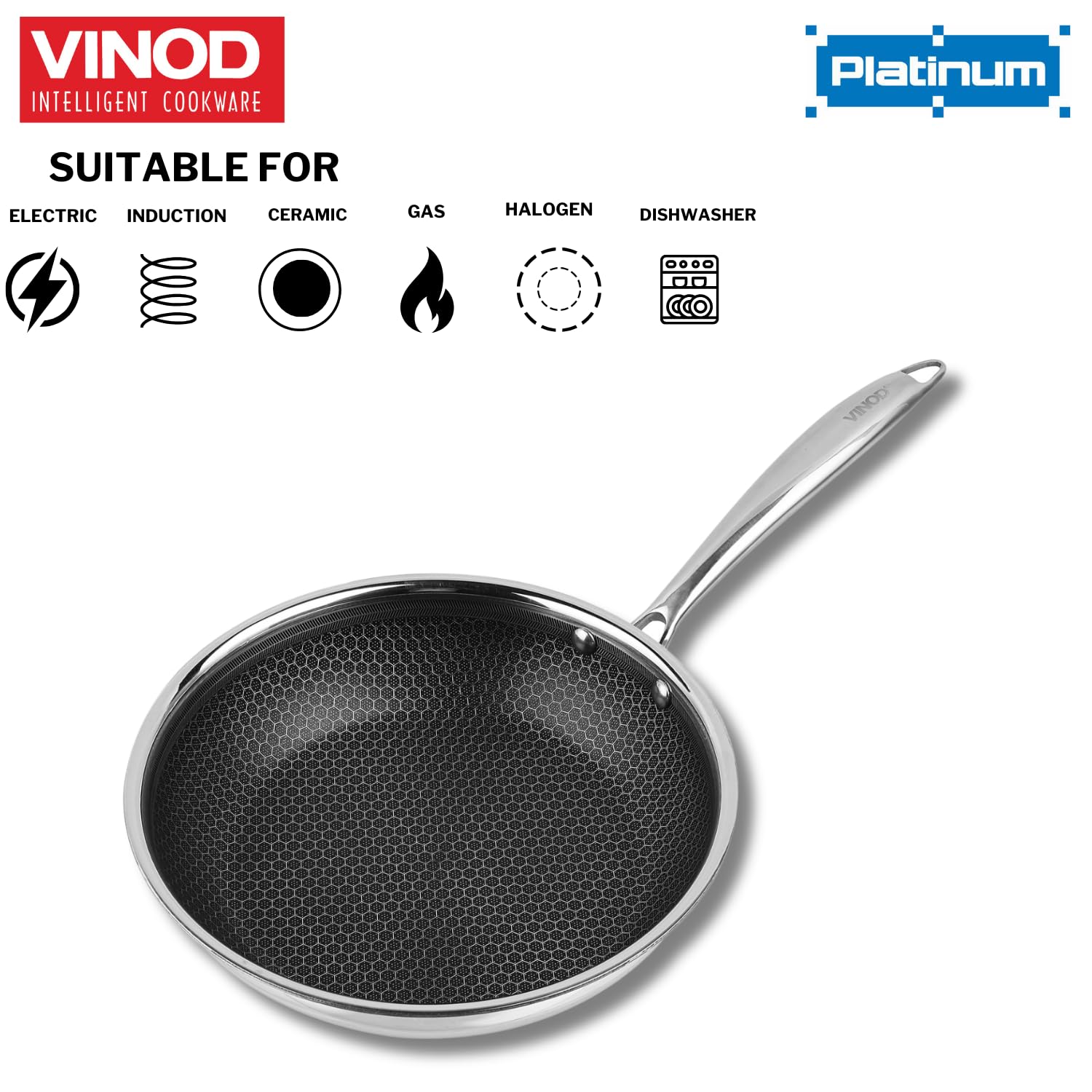 Vinod Platinum Triply Stainless Steel X Fry Pan | Frying Pan of 24 cm Diameter with Honeycomb Pattern Design Inside, Scratch Resistant, Food Safe & PFOA Free - (Induction Friendly)