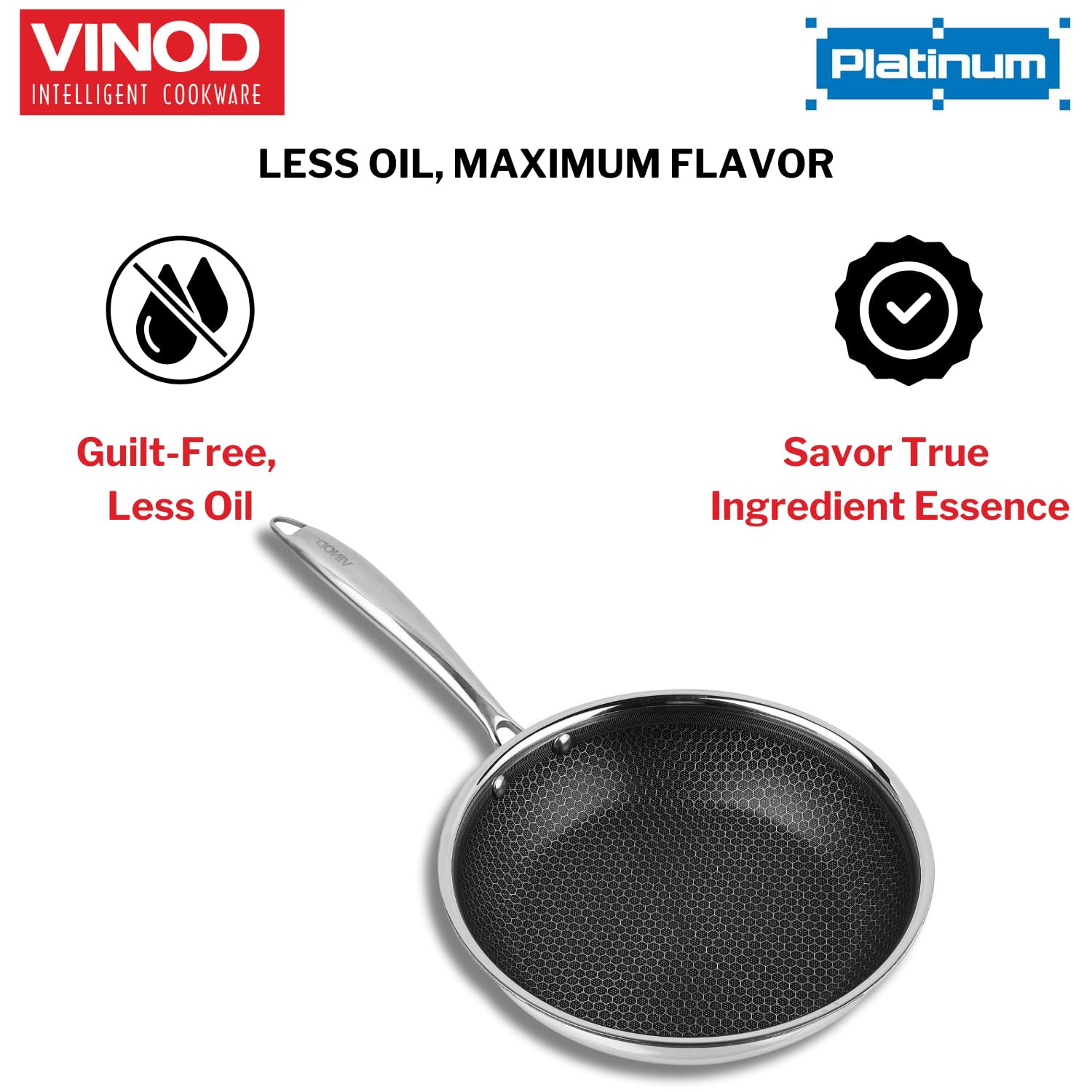 Vinod Platinum Triply Stainless Steel X Fry Pan | Frying Pan of 24 cm Diameter with Honeycomb Pattern Design Inside, Scratch Resistant, Food Safe & PFOA Free - (Induction Friendly)