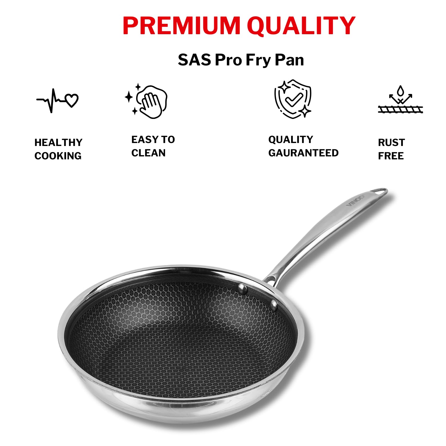 Vinod Platinum Triply Stainless Steel X Fry Pan | Frying Pan of 24 cm Diameter with Honeycomb Pattern Design Inside, Scratch Resistant, Food Safe & PFOA Free - (Induction Friendly)