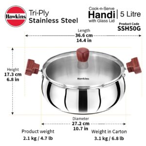 Hawkins Tri-Ply Stainless Steel Induction with friendly Cook-n-Serve Handi with Glass lid, Capacity 5 Liters, Diameter 10.7 Inch, thickness 3 mm, silver (SSH50G)