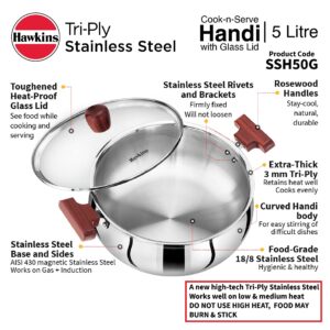 Hawkins Tri-Ply Stainless Steel Induction with friendly Cook-n-Serve Handi with Glass lid, Capacity 5 Liters, Diameter 10.7 Inch, thickness 3 mm, silver (SSH50G)