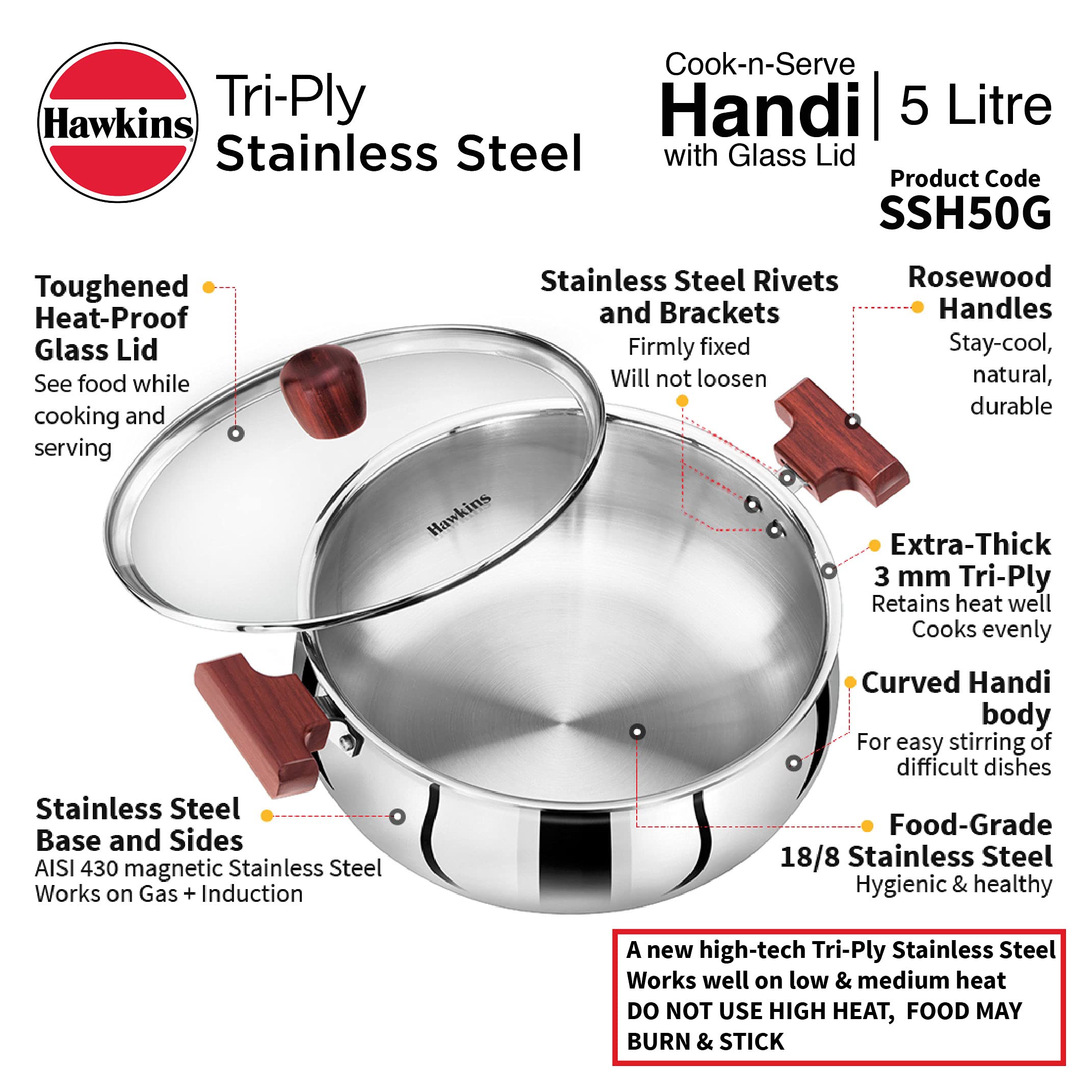 Hawkins Tri-Ply Stainless Steel Induction with friendly Cook-n-Serve Handi with Glass lid, Capacity 5 Liters, Diameter 10.7 Inch, thickness 3 mm, silver (SSH50G)