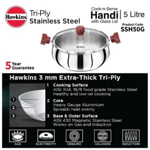 Hawkins Tri-Ply Stainless Steel Induction with friendly Cook-n-Serve Handi with Glass lid, Capacity 5 Liters, Diameter 10.7 Inch, thickness 3 mm, silver (SSH50G)