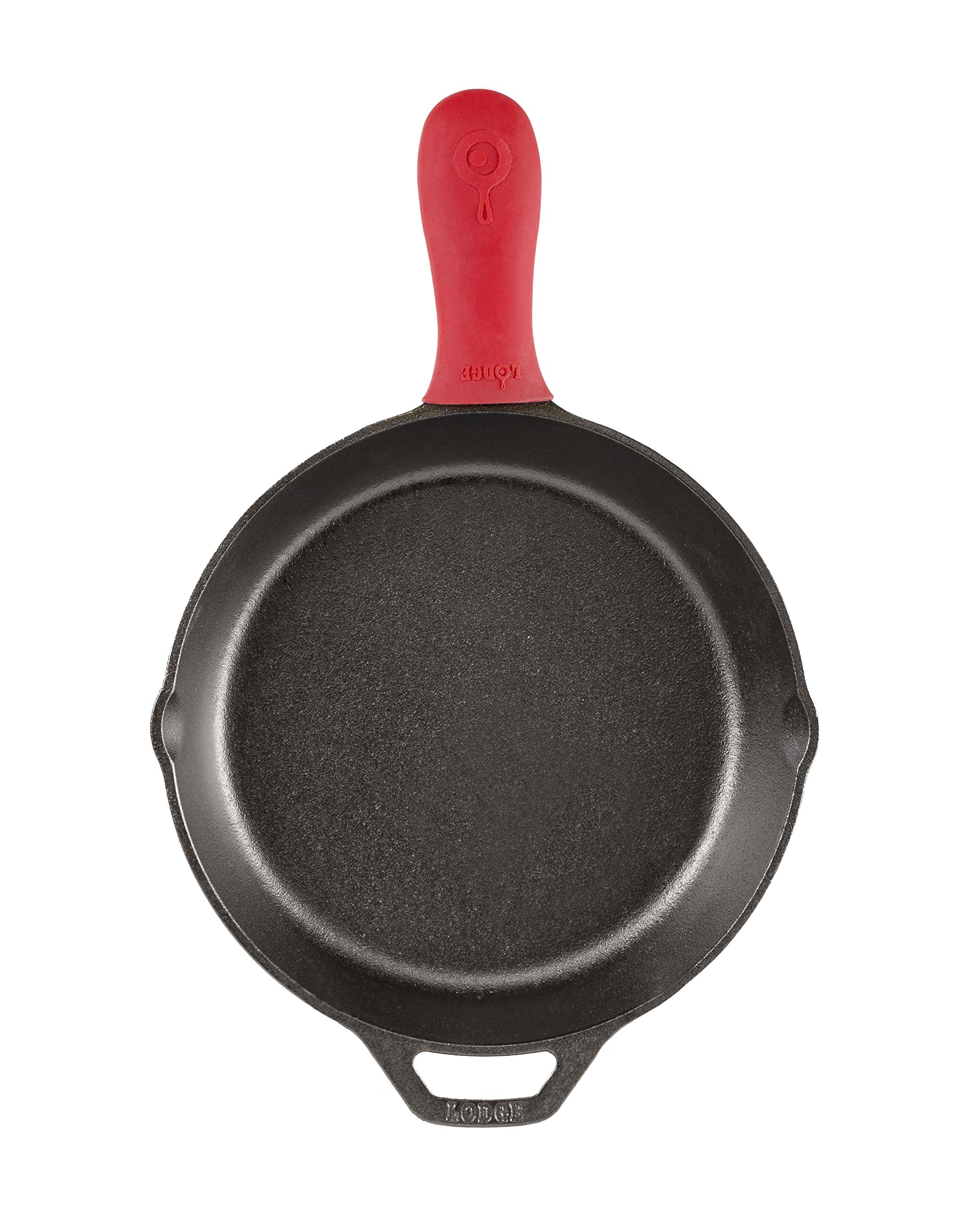 Lodge Pre-Seasoned Cast Iron 5 Piece Set, Black & Silicone Hot Cast Iron Skillet Handle Holder, 5-5/8" L x 2", Red