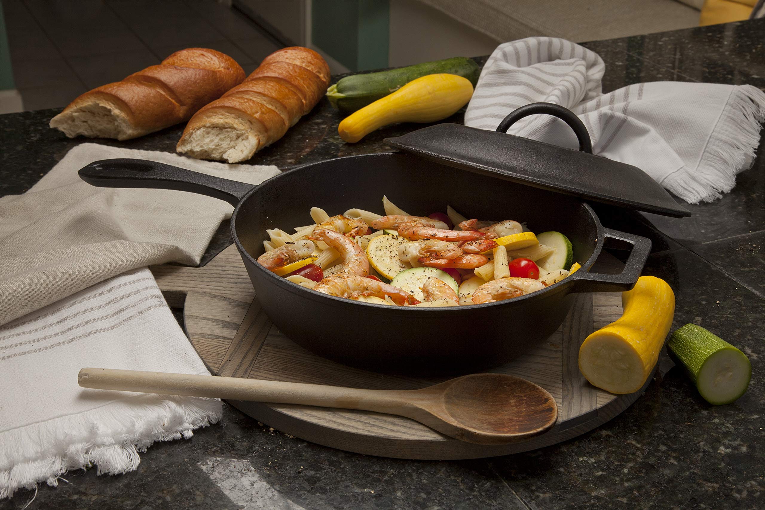 Bayou Classic 7445 5-qt Cast Iron Covered Skillet w/ Domed Self-Basting Lid Features w/ Helper Handle Perfect For Searing & Braising Baking Apple Pies & Cobblers