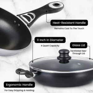 Chef's Star Nonstick Frying Pan with cover, Skillet with Stay Cool Handle Frying Pan, Induction Compatible (Black 11 Inch Frying pan)