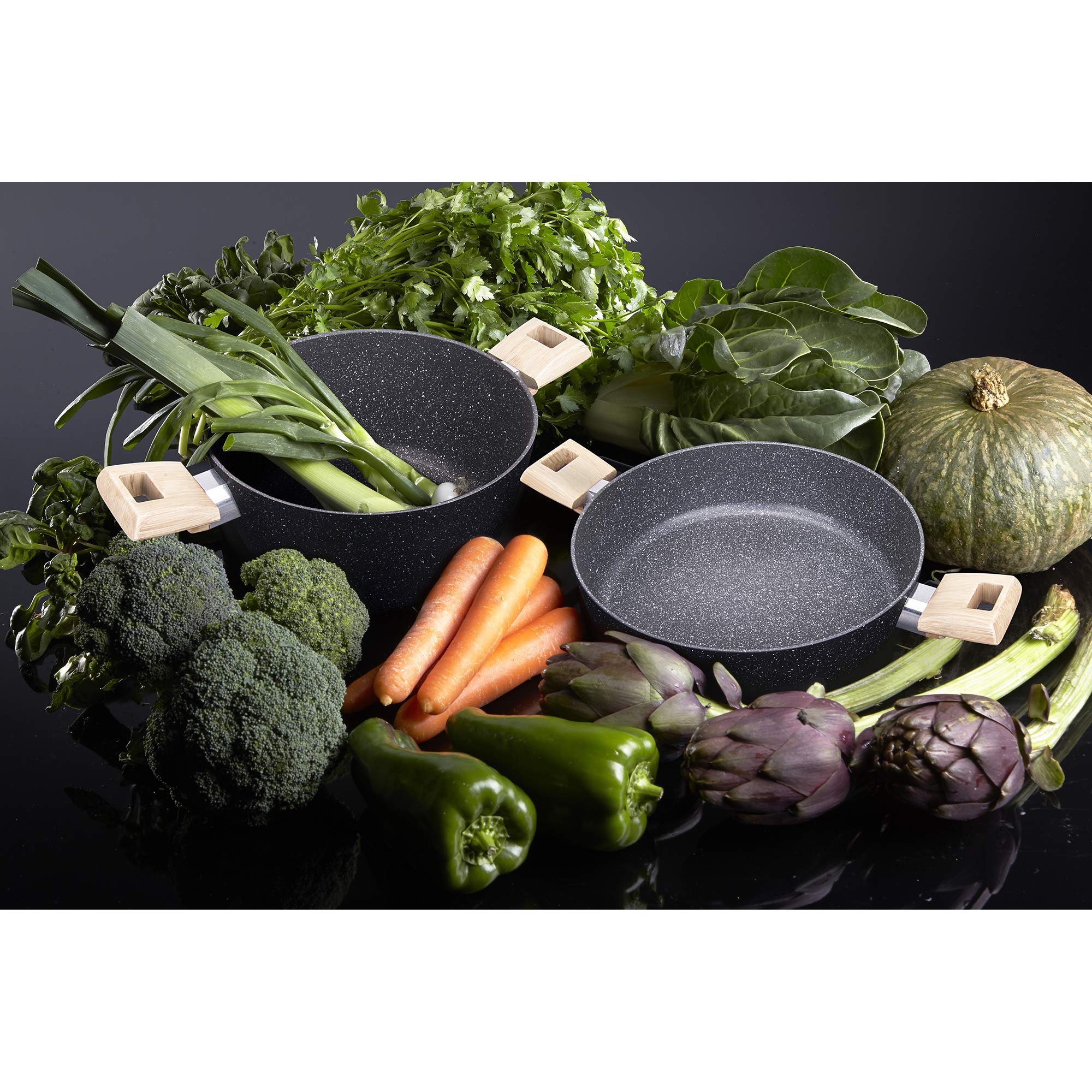 Alluflon Etnea Wood Edition Set of 3 Frying Pans, Aluminium, Black, 20 cm, 24 cm, 28 cm.