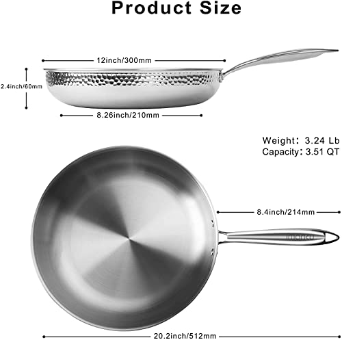 imarku Stainless Steel Pan, 12 inch Frying Pan, 3 Ply Stainless Steel Frying pan, Fry pan, Stainless Steel Skillet, Cooking Pan - Oven Safe Skillet