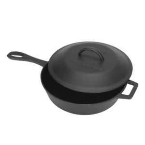bayou classic 7440 3-qt cast iron covered skillet w/ domed self-basting lid features helper handle perfect for searing & braising baking apple pies & cobblers