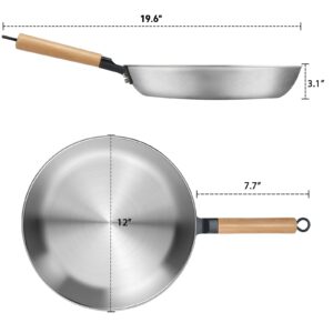 Stainless Steel Frying Pan 12 Inch: Steel Skillet 3 Ply Cookware Deep Frying Pan Egg Large Wok Professional Grade Pan - Polished & Thickened Composite Pan Cooking Frying Pan Without Lid